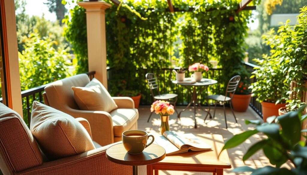 A cozy and inviting coffee nook on a sun-dappled terrace, surrounded by lush greenery. In the foreground, a comfortable armchair and a small side table hold a steaming mug of coffee, complemented by a plush throw pillow. The middle ground features a wooden coffee table adorned with a vase of fresh flowers and a stack of magazines. In the background, a wrought-iron bistro set sits beneath a trellis covered in climbing vines, creating a charming and relaxing atmosphere. Warm, natural lighting filters through the scene, casting a gentle glow and enhancing the overall sense of coziness and tranquility.