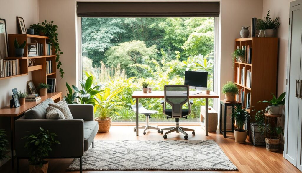 A cozy and inviting home workspace overlooking a lush, verdant garden. The focal point is a spacious, well-lit desk situated near a large window, allowing natural light to flood the space. The desk is adorned with a sleek, minimalist design, complemented by a comfortable ergonomic chair. Surrounding the desk, bookshelves and potted plants create a harmonious, nature-inspired ambiance. The middle ground features a plush area rug and a small seating area, perfect for casual meetings or moments of contemplation. In the background, the garden beyond the window is filled with vibrant greenery, creating a serene and tranquil backdrop for this dedicated workspace.