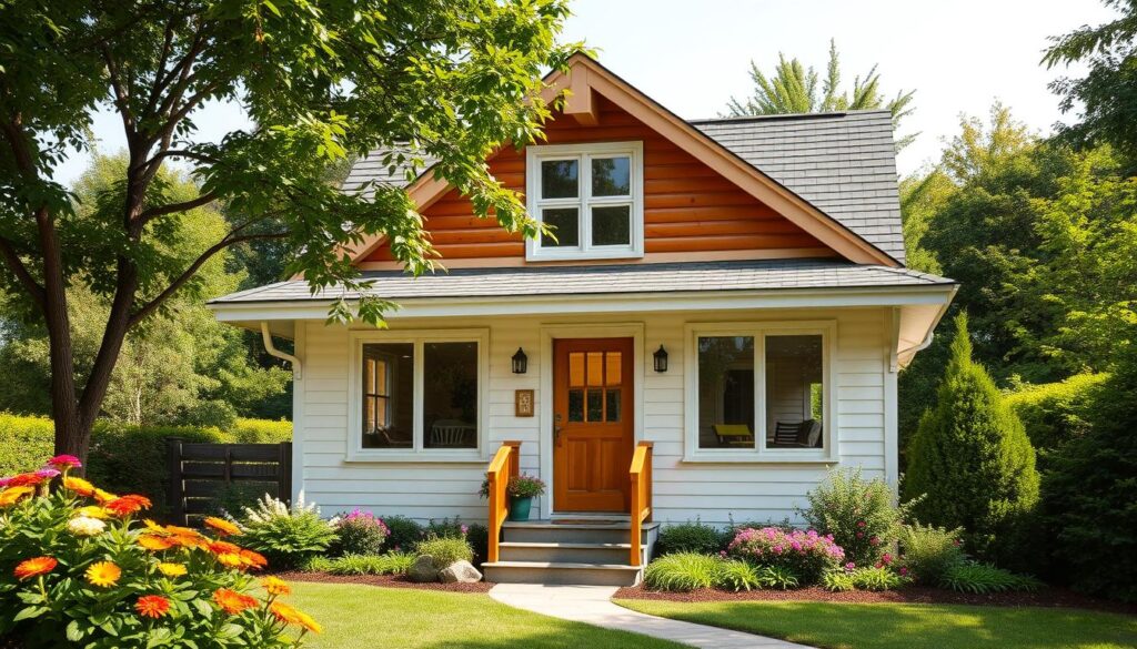 A cozy, bright, and welcoming small house nestled in a lush, verdant landscape. The front facade features a charming pitched roof, warm wooden accents, and large windows that flood the interior with natural light. A well-tended garden with vibrant flowers and neatly trimmed shrubs surrounds the house, creating a serene and inviting atmosphere. The house appears to be two stories tall, with a modest yet efficient layout optimized for comfortable living in a compact space. The scene conveys a sense of tranquility and the perfect balance between functionality and aesthetic appeal, reflecting the joys of living in a well-designed small home.