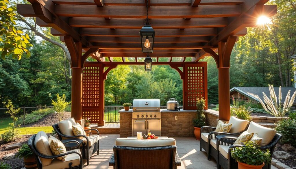 A cozy, rustic wooden pergola with a built-in grill stands in a lush, verdant garden. Sunlight filters through the slats, casting a warm, inviting glow. Elegant iron lanterns hang from the beams, illuminating the space. In the foreground, a stone patio is dotted with comfortable outdoor furniture, inviting guests to gather and enjoy the perfect grilled meal. The middle ground features a well-appointed grill, surrounded by neatly arranged utensils and condiments. Potted plants and natural landscaping create a serene, peaceful atmosphere, transporting the viewer to a charming backyard oasis.