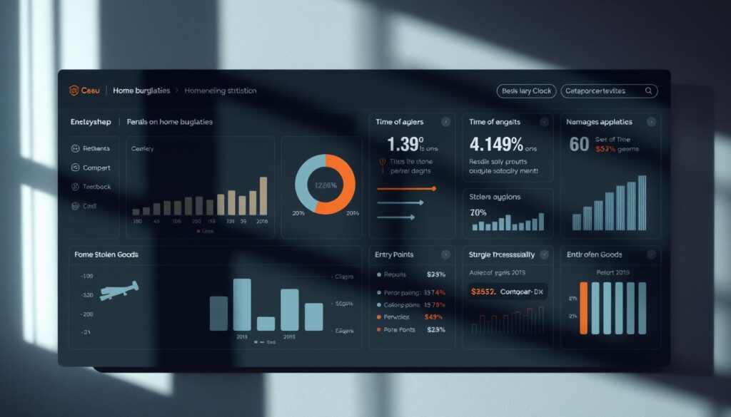 A data visualization dashboard displaying comprehensive statistics on home burglaries and break-ins. The sleek, minimalist interface presents key metrics such as frequency, time of day, entry points, and stolen goods in a clean, infographic-style layout. Subtle shadows and muted color tones create a sense of seriousness and professionalism, underscoring the importance of the data. The dashboard is set against a softly blurred background, keeping the focus on the analytical content. Low-angle lighting casts dramatic shadows, adding depth and emphasizing the gravity of the subject matter. The overall tone is authoritative yet approachable, designed to educate and inform the viewer about the very real risks of home invasion.