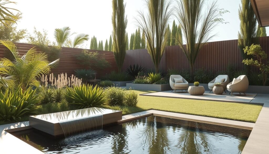 A lush, contemporary garden landscape bathed in soft, natural light. In the foreground, a minimalist, geometric water feature flows serenely, its clean lines and still surface reflecting the surrounding foliage. Arranged nearby, modern outdoor furniture in muted tones invites relaxation. In the middle ground, a mix of carefully curated, sculptural plants in varying shades of green create a sense of depth and visual interest. The background features a sleek, wooden privacy fence, complemented by tall, slender trees that sway gently in the breeze, conveying a serene, harmonious atmosphere.