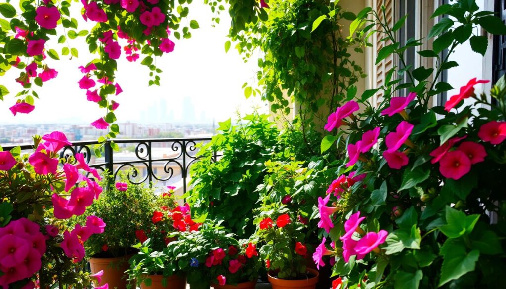 A lush, sun-dappled balcony with an abundance of thriving potted plants. In the foreground, a variety of blooming flowers in vibrant hues - cascading petunias, trailing ivy, and robust geraniums. The middle ground showcases a mix of lush foliage plants, their leaves rustling gently in a soft breeze. In the background, a wrought-iron railing frames the scene, with the city skyline visible beyond. The lighting is warm and natural, highlighting the verdant greenery and the delicate textures of the plants. The overall atmosphere is one of tranquility and the joy of urban gardening.