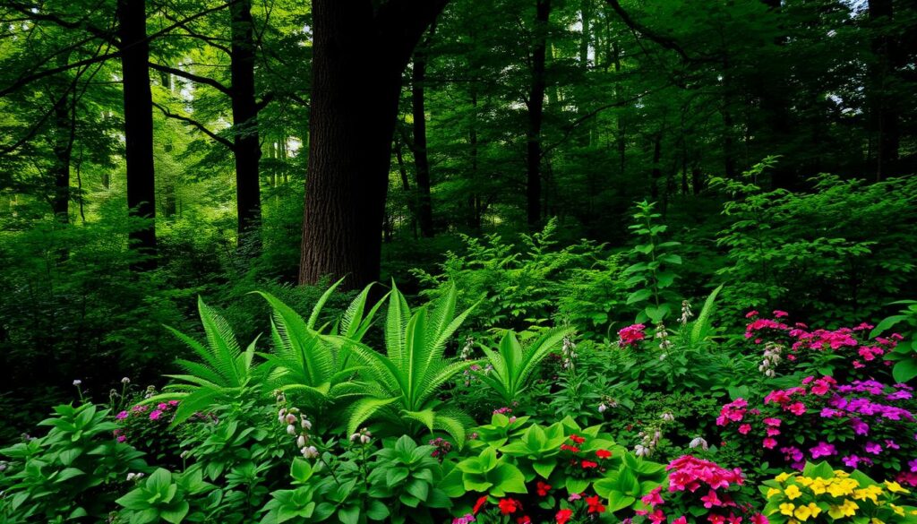 A lush, verdant forest scene with a variety of shade-loving plants in the foreground. Towering trees with dense foliage create a tranquil, dimly lit atmosphere, filtering the sunlight and casting gentle shadows across the understory. In the middle ground, clusters of ferns, hostas, and other low-growing perennials thrive in the cool, moist environment. Closer to the viewer, a diverse array of shaded annuals and ground covers, such as impatiens and begonias, create a vibrant tapestry of textures and colors. The overall composition evokes a sense of serenity and invites the viewer to explore the delicate, yet resilient world of shade-adapted flora.