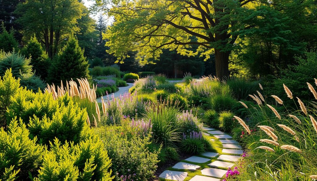 A lush, verdant garden bathed in warm, golden sunlight. In the foreground, a diverse array of thriving plants - evergreen shrubs, colorful perennials, and tall grasses sway gently in a light breeze. The middle ground features a winding stone path meandering through the greenery, inviting exploration. In the background, mature deciduous trees provide a natural canopy, their branches casting delicate patterns of light and shadow across the scene. The overall atmosphere exudes a sense of tranquility and year-round vibrancy, embodying the essence of a well-designed, four-season garden.