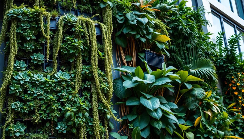 A lush, verdant vertical garden adorns the facade of a modern building, cascading with a diverse array of vibrant foliage. The foreground features an intricate, modular planting system with carefully arranged succulents, ferns, and trailing vines. The middle ground showcases a mix of larger, leafy plants like pothos and monstera, their stems and leaves interwoven to create a captivating, three-dimensional tapestry. In the background, the building's architecture provides a sleek, minimalist contrast, allowing the vibrant greenery to take center stage. Warm, directional lighting accentuates the textures and colors of the plants, casting soft shadows and creating a welcoming, serene atmosphere. The overall composition conveys the beauty, functionality, and environmental benefits of a vertical garden.