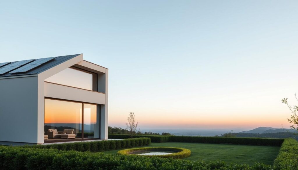 A modern, energy-efficient passive house set against a serene, minimalist landscape. In the foreground, a sleek, rectangular structure with large windows that flood the interior with natural light. The building's facade features clean lines, muted tones, and strategically placed solar panels. In the middle ground, a lush, manicured garden with neatly trimmed hedges and a tranquil water feature. The background showcases a distant, hilly horizon bathed in a warm, golden hour glow. The overall atmosphere conveys a sense of sustainability, comfort, and harmonious integration with the natural environment.