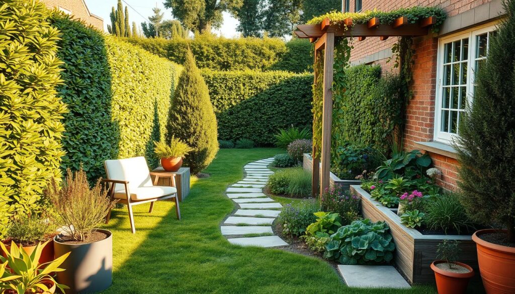 A neatly landscaped townhouse garden, bathed in warm afternoon sunlight. In the foreground, a small seating area with modern minimalist furniture, surrounded by potted plants and herbs. The middle ground features a raised garden bed overflowing with vibrant flowers and vegetables, with a winding stone path leading towards a charming wooden pergola draped in cascading vines. In the background, a lush green hedge and a few strategically placed trees create a sense of privacy and seclusion. The overall atmosphere is one of tranquility and efficient use of limited space, showcasing creative design ideas for a cozy, bespoke townhouse garden.