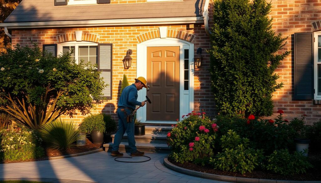 A serene house facade in the warm glow of the afternoon sun. The brickwork is immaculately maintained, with each stone carefully cleaned and repointed. A well-tended garden frames the entrance, its lush foliage and vibrant flowers creating a welcoming atmosphere. In the foreground, a worker meticulously applies a protective sealant to the exterior walls, ensuring the longevity and beauty of the home's surface. Subtle shadows cast by the workers and their tools add depth and dimension to the scene. The overall mood is one of diligence, pride, and a deep appreciation for the art of preserving a home's exterior.