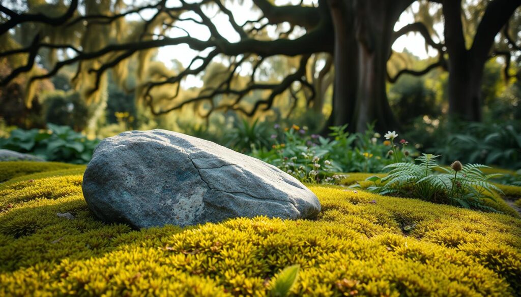A serene outdoor scene showcasing the natural beauty of a weathered stone. In the foreground, a smooth, gently worn boulder sits atop a bed of lush, verdant moss, its surface reflecting the warm, diffused lighting. The middle ground features a mix of delicate wildflowers and ferns, their vibrant colors adding a touch of organic splendor. In the distance, a canopy of towering, ancient trees frames the composition, casting soft, dappled shadows that dance across the scene. The overall atmosphere exudes a sense of tranquility and harmony, highlighting the inherent elegance and timelessness of natural stone in a garden setting.