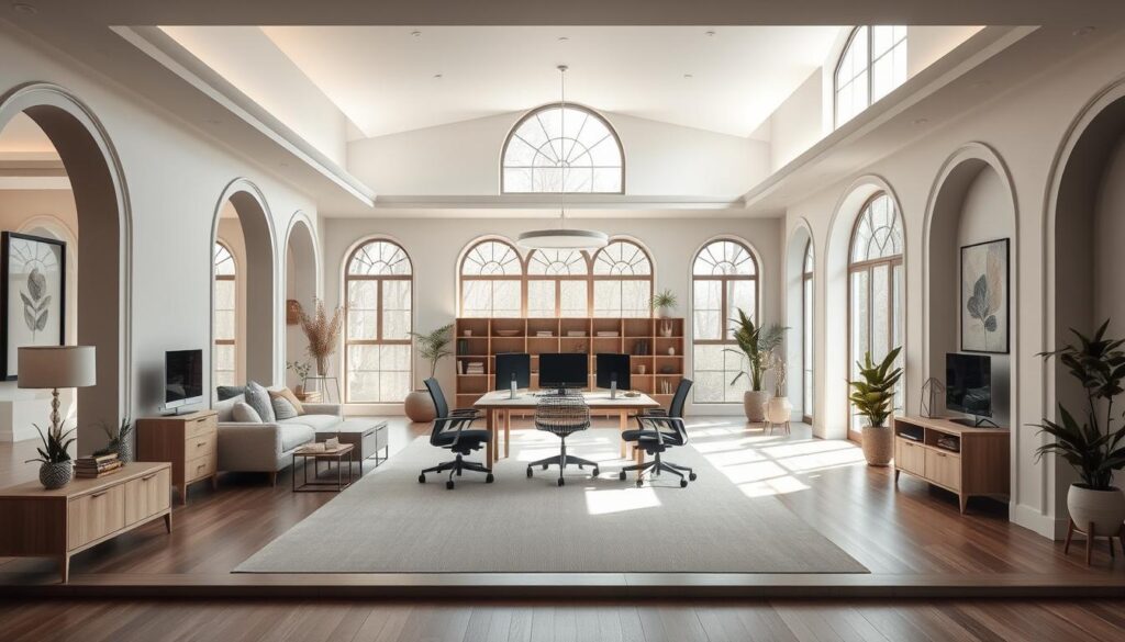 A thoughtfully designed room layout with an open floor plan and abundant natural light, showcasing a central, functional workstation surrounded by ergonomic furnishings. The scene conveys a sense of tranquility and focus, with a muted color palette and clean, minimalist aesthetics. Delicate architectural details, such as arched doorways and sweeping sightlines, create a harmonious flow between spaces. The composition emphasizes balance, proportion, and the seamless integration of form and function, embodying the principles of effective room planning.