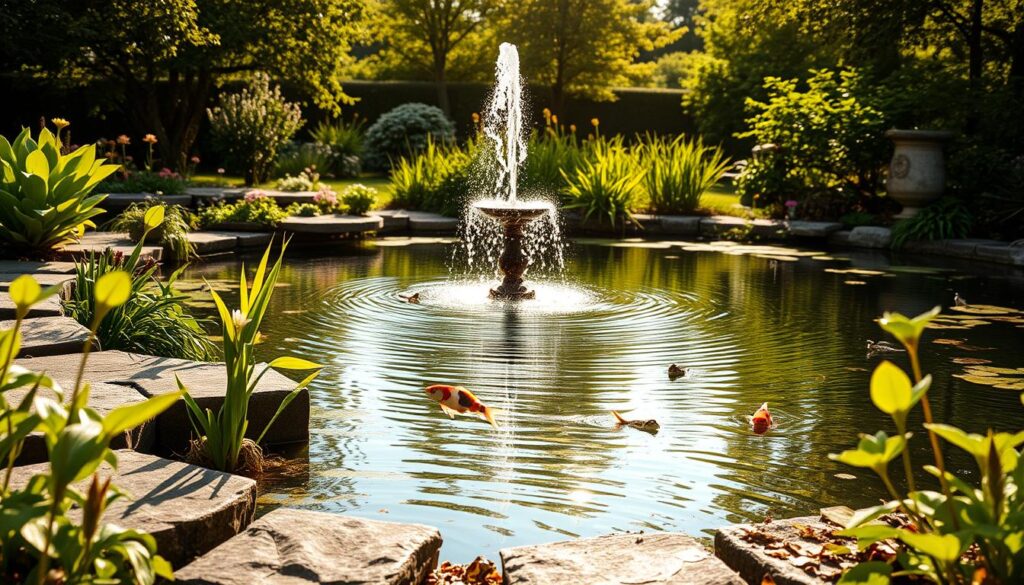 A tranquil backyard oasis, a sunlit pondscape with gently rippling waters. In the foreground, lush aquatic plants sway, their leaves and flowers mirrored in the calm surface. Stepping stones lead towards the center, where a graceful fountain sprays upwards, casting dancing droplets. The middle ground features a variety of native pond creatures - vibrant koi fish, darting dragonflies, and croaking frogs. In the background, a verdant garden frames the scene, its trees and shrubs creating a soothing, natural ambiance. Warm, golden sunlight filters through, lending a serene, inviting atmosphere to this picturesque water feature.
