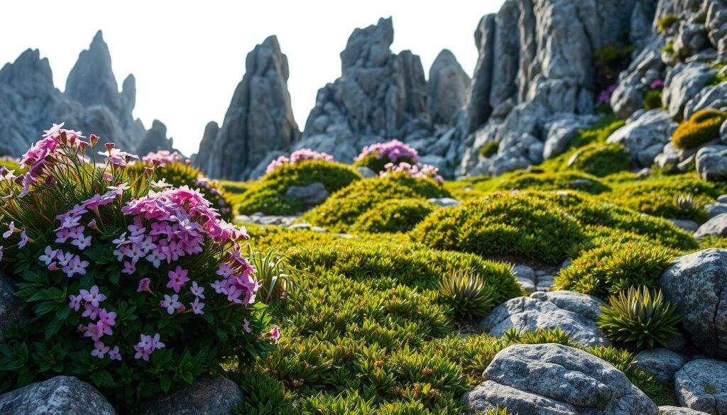 A tranquil rocky garden with a diverse array of alpine plants cascading over rugged stone formations. The foreground features vibrant clusters of delicate flowers in shades of pink, purple, and white, their petals gently swaying in a soft breeze. In the middle ground, lush, low-growing foliage in varying hues of green creates a tapestry-like effect, punctuated by the occasional spiky succulent. The background is dominated by towering, jagged rock outcroppings, casting dramatic shadows and creating a sense of depth and scale. Soft, diffused lighting illuminates the scene, casting a warm, serene glow and emphasizing the textural contrast between the plants and the weathered stone. The overall composition evokes a sense of natural harmony and the beauty of a carefully curated alpine garden.