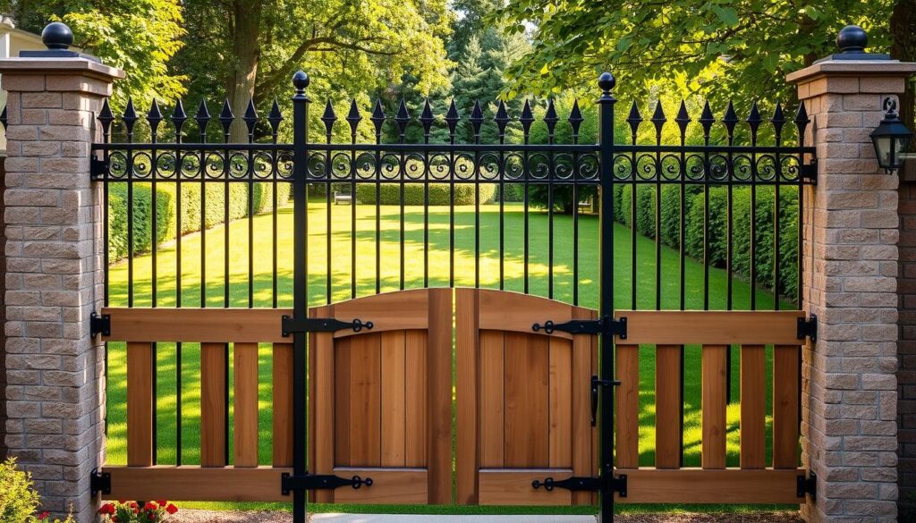 A well-designed fence stands as a harmonious extension of a property, seamlessly blending functionality and aesthetic appeal. Against a backdrop of lush greenery, a sturdy wrought-iron fence frames the entryway, its intricate metalwork casting playful shadows across the neatly manicured lawn. Warm, diffused lighting bathes the scene, creating a welcoming and inviting atmosphere. In the foreground, a wooden gate with ornate hardware invites visitors to step into the meticulously maintained outdoor oasis, where the investment in quality fencing becomes evident in the overall impression of thoughtful, cohesive design.