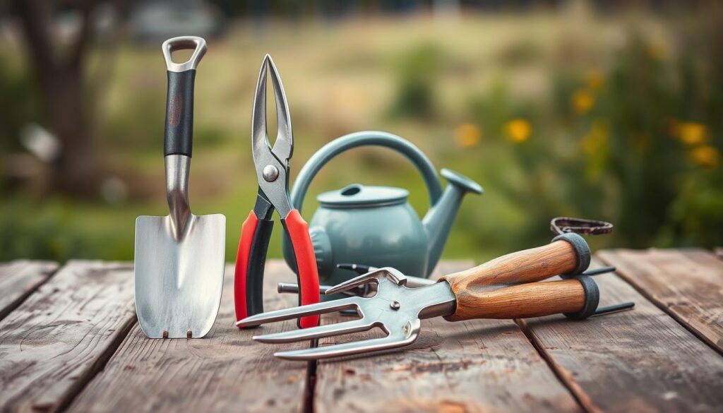 A well-lit, close-up shot of a carefully arranged set of basic gardening tools on a rustic wooden surface. In the foreground, a hand trowel, pruning shears, and a garden hoe stand upright, their metal surfaces gleaming. In the middle ground, a watering can and a small garden fork lie at a slight angle, creating a sense of depth and balance. The background features a blurred, natural scene, suggesting a peaceful outdoor setting. The overall mood is one of simplicity, functionality, and the joy of gardening.